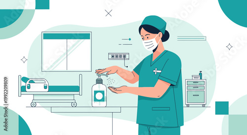 Nurse sanitizing hands in sterile operating room before surgery, hospital hygiene concept