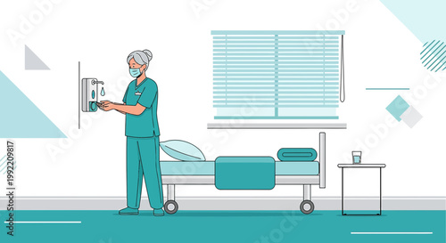 Nurse sanitizing hands in hospital room with patient bed and window