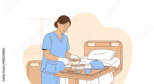 Nurse serving meal to patient in hospital bed, healthcare assistance, medical care