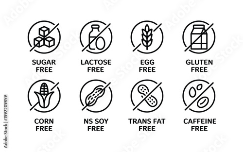 Various free from allergen and dietary restriction icons in a white background