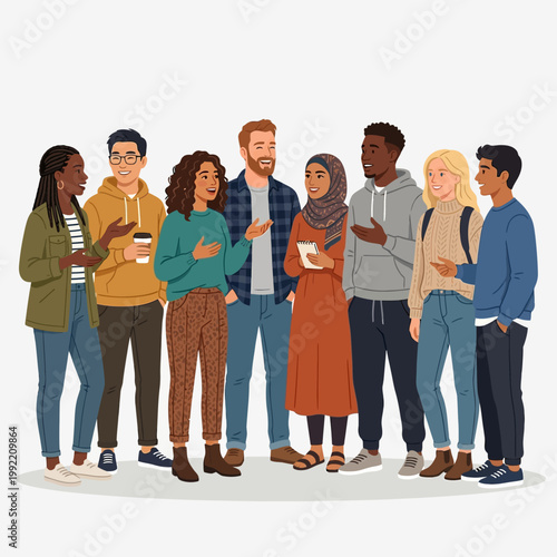 Diverse Multicultural Group of Students and Young Professionals Standing Together in Flat Vector Style