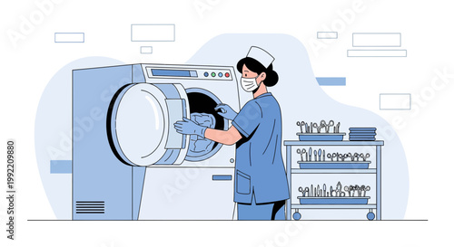 Nurse Sterilizing Medical Instruments in Autoclave Machine for Surgery