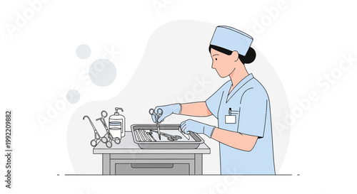 Nurse Sterilizing Surgical Instruments in Tray for Operation