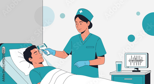 Nurse takes patient's temperature with infrared thermometer in hospital room