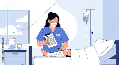 Nurse tending to patient with bandaged leg in hospital room, IV drip, medical care concept