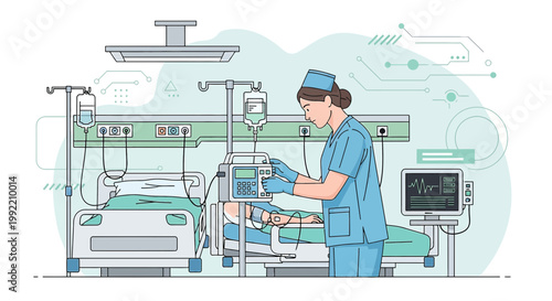 Nurse tending to patient in ICU, modern medical equipment, advanced healthcare technology