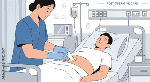 Nurse tending to patient's abdominal wound in hospital room, post-operative care