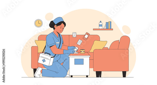 Nurse tending to patient's needs at home, providing medical care and support.