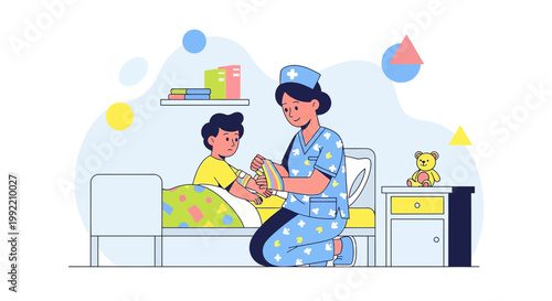 Nurse Tends to Child Patient in Hospital Bed, Applying Bandage