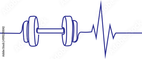 One Line Drawing of Dumbbell with Heartbeat EKG Pulse Line for Fitness and Healthy Lifestyle Concept Illustration