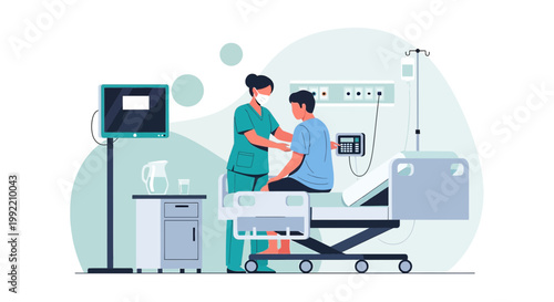 Nurse Tends to Patient in Hospital Room with Medical Equipment