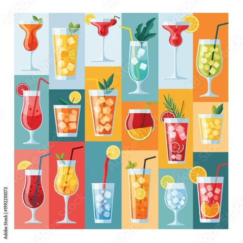 Flat vector mosaic of colorful cocktail and mocktail illustrations in various glassware with citrus garnishes, mint leaves, ice cubes, and drinking straws on a geometric grid background.