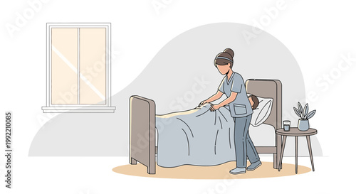 Nurse tucking in patient in hospital bed, bedside table with plant and medicine
