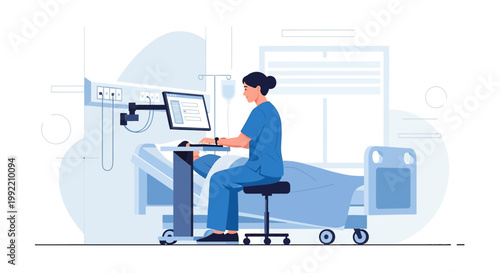 Nurse using computer at patient bedside in modern hospital room