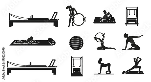 Set of black silhouettes featuring Pilates reformer machines, trapeze tables, stability balls, magic circles, and figures in various yoga and fitness poses on a white background.