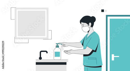 Nurse Washing Hands with Sanitizer Before Surgery in Hospital Room