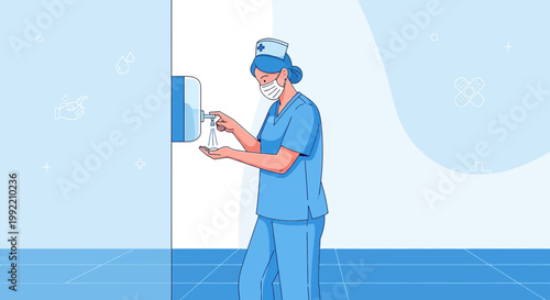 Nurse washing hands with sanitizer dispenser in hospital, hygiene concept