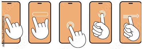 Five distinct finger touch gestures illustrated on a smartphone screen for user interface design.