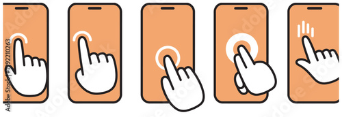 Group of five smartphone screen interaction icons demonstrating various finger gestures and touches.