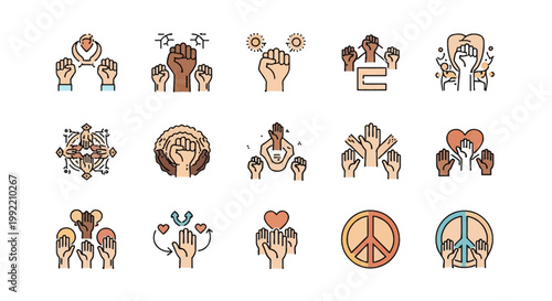 Set of diversity and inclusion line icons with raised fists in various skin tones, hands holding hearts, peace symbols, and people joined in circles representing social justice and equality.