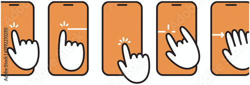 Five icons depicting finger actions on a mobile phone screen for touch interface controls.