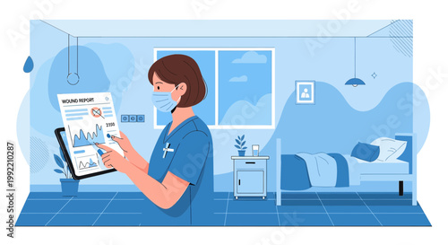 Nurse with Tablet in Hospital Room, Medical Data Analysis and Patient Care
