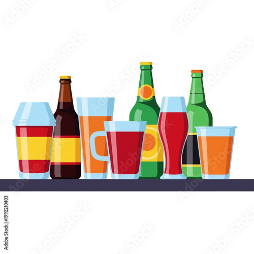 Flat vector illustration of an assortment of beverages featuring beer bottles, glass mugs, pint glasses, and soda containers with orange and red liquids on a shelf.