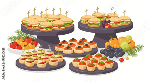 Vector illustration of a gourmet catering spread featuring mini burgers with skewers, savory tartlets with red and black caviar, cream cheese snacks, fresh grapes, and cherry tomatoes