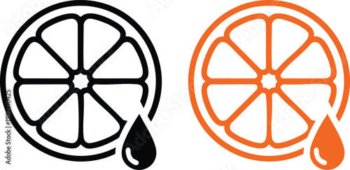 Orange and black citrus slice with juice drops