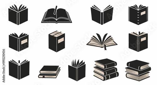 Comprehensive set of thirteen black book silhouettes featuring open books with fanning pages, stacked textbook volumes, and closed hardcover manuals isolated on a white background.