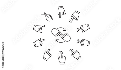 Collection of hand gestures and icons for touch screen interaction and navigation.
