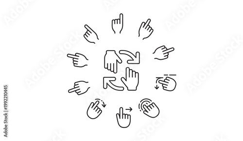 Set of hand gestures and icons for touch screen interaction and digital navigation.
