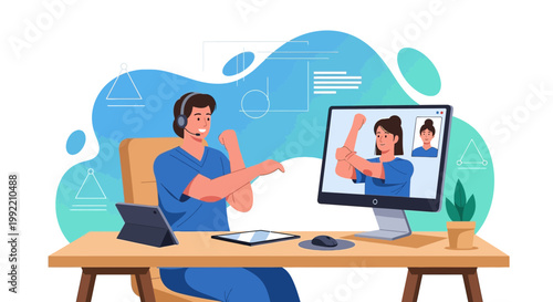 Online Physical Therapy Session: Patient and Therapist Connect via Video Call