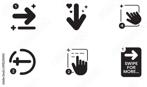 Set of icons representing digital actions like swiping, zooming, and downloading content.