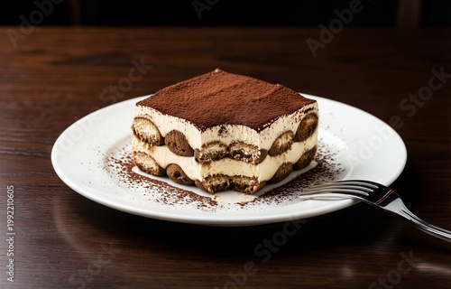 Tiramisu on white plate with fork, layers of cream, chocolate truffles, cocoa powder. Concept of indulgent layered dessert with mascarpone coffee cocoa on wooden table.