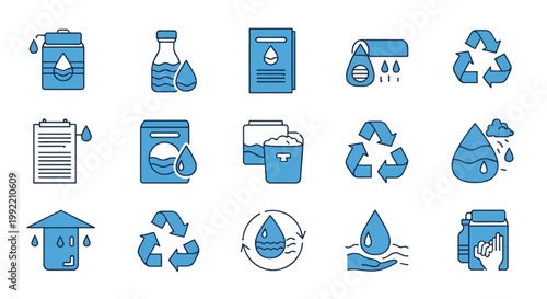 Blue and white two-tone icon set representing water conservation, recycling symbols, liquid purification, laundry detergent, rain droplets, eco-friendly resources and water treatment.
