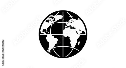 Simple black and white world globe icon showing continents of Africa, Europe, and the Americas with longitudinal and latitudinal grid lines isolated on a white background.
