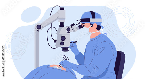 Ophthalmologist Performing Eye Surgery with Microscope in Operating Room