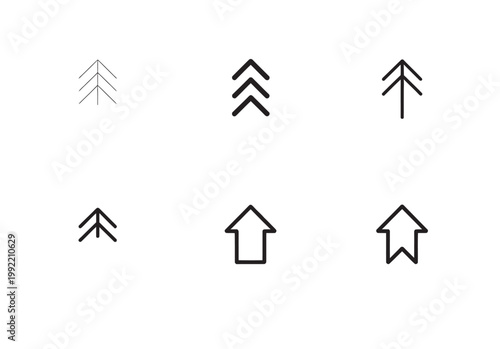 Set of six outline arrow icons in different styles, including single, double, and triple chevrons pointing upwards, symbolizing direction and movement.