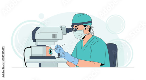 Ophthalmologist Performing Eye Surgery with Microscope and Surgical Instruments