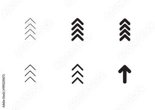 Group of six arrow icons in black and outline styles, featuring upward pointing chevrons and a single arrow, signifying direction, progress, and upload.