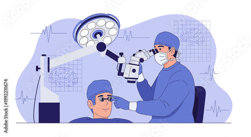 Ophthalmologist Performs Eye Surgery with Microscope in Modern Operating Room