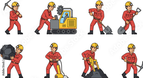 Mining Workers Vector Set Featuring Miners Using Pickaxe Drill Excavator and Carrying Coal for Industrial Extraction Work and Underground Mining Design