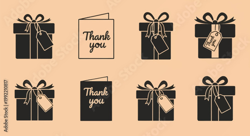 Collection of black silhouette gift box icons with ribbons and tags plus thank you greeting cards isolated on a solid peach background, minimalist vector graphic elements.