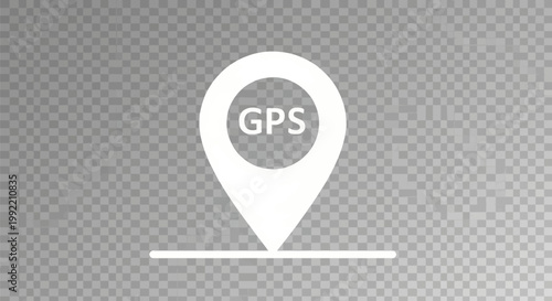 White GPS map pointer icon with text GPS inside the pin head pointing at a horizontal line set against a transparent grey and white checkerboard grid background vector illustration