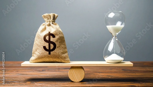 Balancing time and money on wooden plank with fulcrum