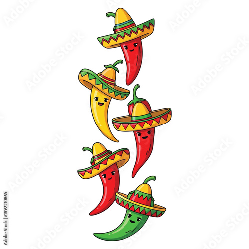Festive cinco de mayo cute chili peppers bananas in sombreros celebration
