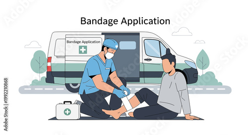 Paramedic applies bandage to injured patient's leg near ambulance, first aid concept