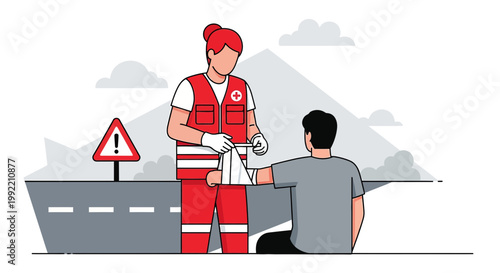 Paramedic applies bandage to injured person on roadside with warning sign