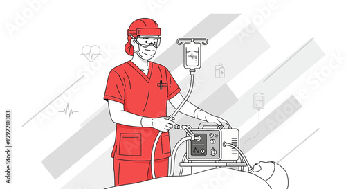 Nurse in Red Scrubs Adjusts Ventilator for Patient in Medical Setting